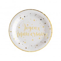 10 ASSIETTES ANNIVERSAIRE BLANC ET OR