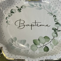 10 ASSIETTES CARTON BAPTÊME FEUILLAGE 21CM BLANC