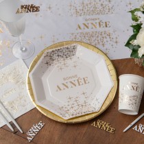 10 ASSIETTES CARTON HEXA ANNÉE OR MÉTAL 23CM BLANC