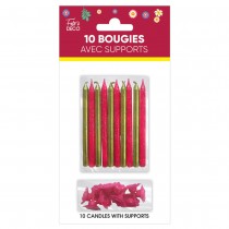 10 BOUGIES AVEC SUPPORTS FLORAL 7.5CM ROSE OR