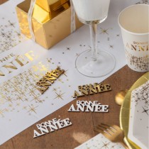 10 CONFETTIS BOIS ANNÉE OR MÉTAL 6.5X2.3CM BLANC