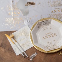 10 SERVIETTES PAPIER ANNÉE OR MÉTAL 33CM BLANC