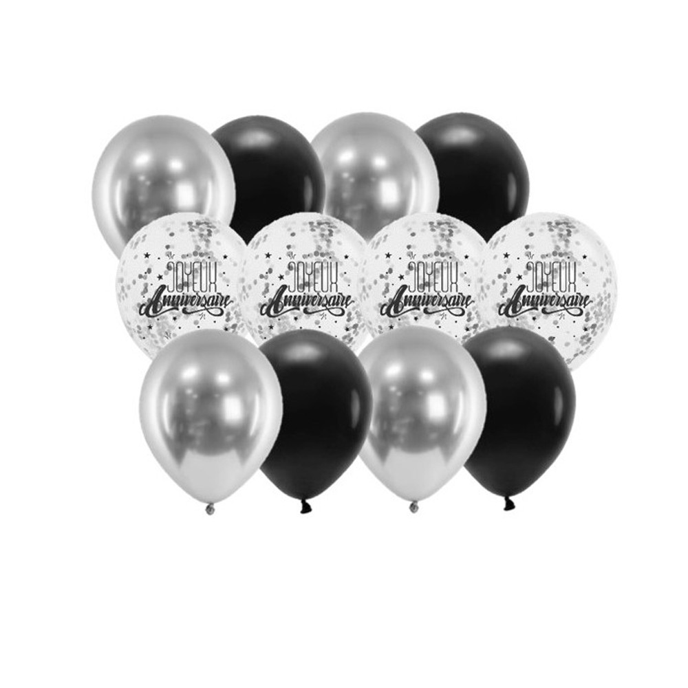 12 BALLONS LATEX BIO CONFETTIS ANNIVERSAIRE ARGENT