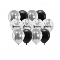 12 BALLONS LATEX BIO CONFETTIS ANNIVERSAIRE ARGENT