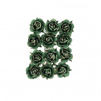 12 ROSES PAPIER SUR TIGE 3.5CM VERT ANGLAIS OR