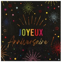 12 SERVIETTES PAPIER ANNIVERSAIRE MULTI 33CM NOIR