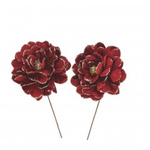 2 FLEURS TIGE VELOURS PAILLETTES 9.5X15CM BORDEAUX