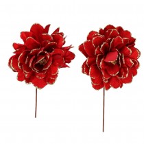 2 FLEURS TIGE VELOURS PAILLETTES 9.5X15CM ROUGE