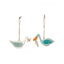 2 SUSPENSIONS MOUETTE PÉLICAN BOIS PLAT 7X5CM BLEU