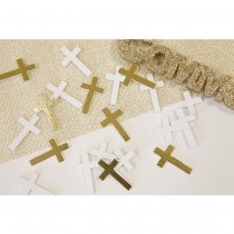 20 CONFETTIS DE TABLE CROIX BOIS 1.4CM OR ET BLANC