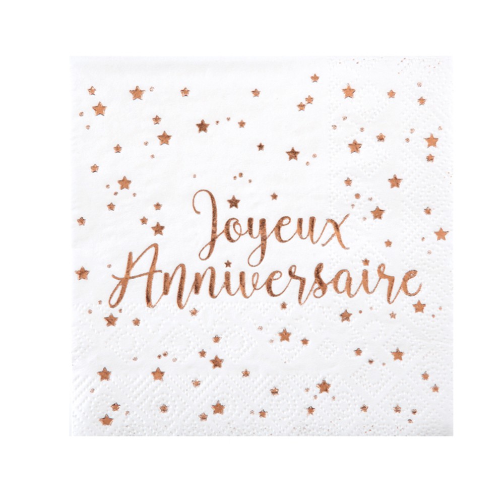 20 SERVIETTES JOYEUX ANNIVERSAIRE 25CM ROSE GOLD