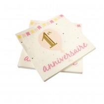 20 SERVIETTES PAPIER 1ER ANNIVERSAIRE 33X33CM ROSE