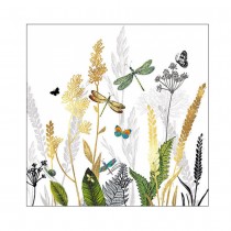 20 SERVIETTES PAPIER FLEURS LIBELLULES 33CM BLANC