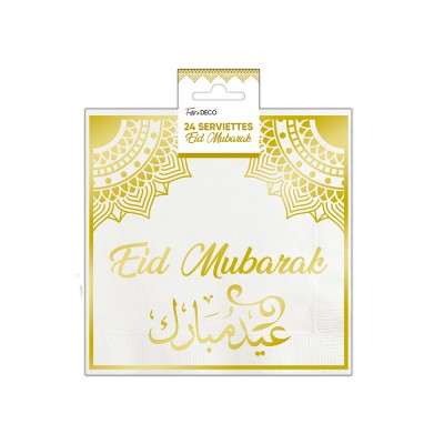 24 SERVIETTES PAPIER EID MUBARAK 33CM BLANC OR