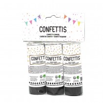 3 CANONS À CONFETTIS PAPIER SOIE 11CM NOIR OR