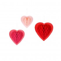 3 DÉCO CŒUR PAPIER ALVÉOLÉ 20-30CM ROUGE ROSE