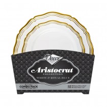 32 ASSIETTES RÉUTILISABLE ARISTOCRATE BLANC OR