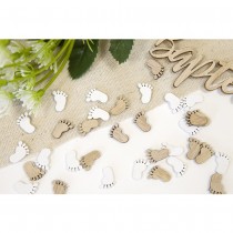 32 CONFETTIS DE TABLE PIED BÉBÉ  BOIS ET BLANC