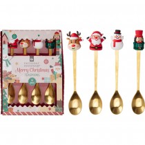 4 CUILLÈRES INOX DÉCO NOËL FIGURINES 16CM OR