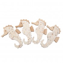 4 DÉCO HIPPOCAMPES BOIS COQUILLAGES SABLE 12X8CM