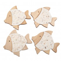 4 DÉCO POISSONS BOIS COQUILLAGES SABLE 10.5CM