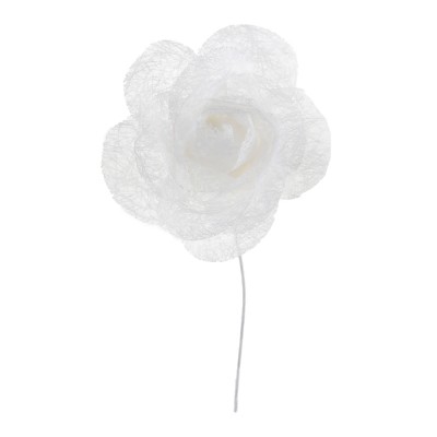 4 ROSES PAPIER SUR TIGE MÉTAL 4X7.5CM BLANC