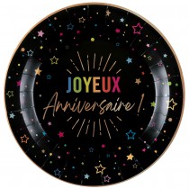 6 ASSIETTES CARTON ANNIVERSAIRE MULTI 22.5CM NOIR