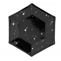 6 ASSIETTES CARTON HEXAGONAL ÉTOILES OR 20CM NOIR