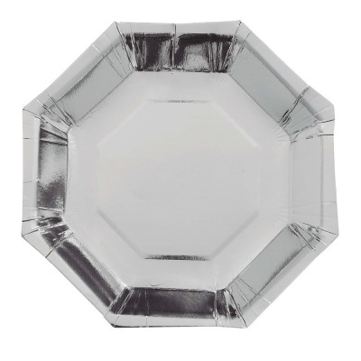 6 ASSIETTES CARTON OCTOGONALES 23CM ARGENT