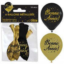 6 BALLONS LATEX BONNE ANNÉE 30CM OR NOIR