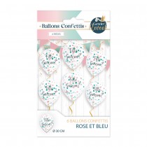 6 BALLONS LATEX CONFETTIS GENDER REVEAL 30CM