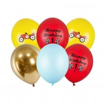 6 BALLONS LATEX COURSE AUTO RÉTRO 30CM MULTICOLORE