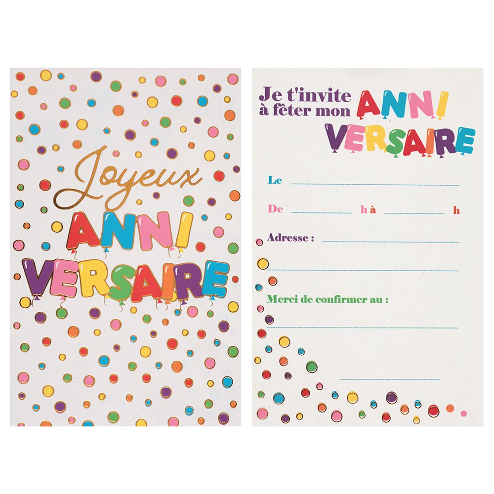 6 CARTONS INVITATION ANNIVERSAIRE POIS COLORÉ