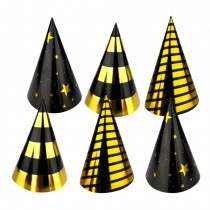 6 CHAPEAUX CÔNES DE FÊTE MOTIFS 16CM OR NOIR MÉTAL