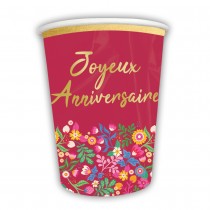 6 GOBELETS CARTON ANNIVERSAIRE FLORAL 25CL FUCHSIA