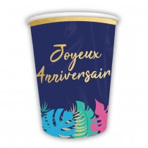 6 GOBELETS CARTON ANNIVERSAIRE TROPICAL 25CL BLEU