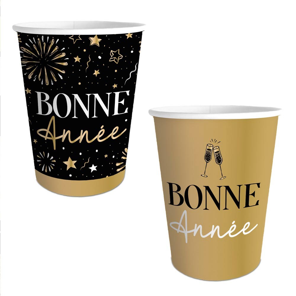 Gobelet carton Bonne Année en noir et argent pour le nouvel an (x6) 25cl  REF/GBM2599ATG