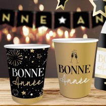 6 GOBELETS CARTON BONNE ANNÉE 25CL NOIR OR