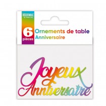 6 ORNEMENTS DE TABLE ANNIVERSAIRE MULTICOLORE MÉTALLISÉ