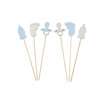 6 PIQUES BOIS MOTIFS DÉCO NAISSANCE 21CM BLEU CIEL