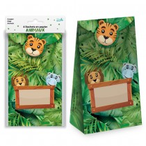 6 SACS CADEAUX PAPIER ANIMAUX SAFARI 26CM VERT