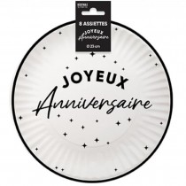 8 ASSIETTES CARTON ANNIVERSAIRE 23CM NOIR