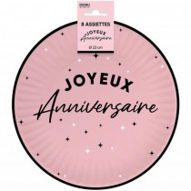 8 ASSIETTES CARTON ANNIVERSAIRE 23CM ROSE