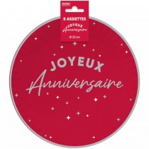 8 ASSIETTES CARTON ANNIVERSAIRE 23CM ROUGE