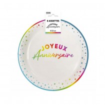 8 ASSIETTES CARTON ANNIVERSAIRE MULTICOLORE 23CM
