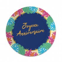 8 ASSIETTES CARTON ANNIVERSAIRE TROPICAL 23CM BLEU