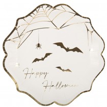 8 ASSIETTES CARTON HALLOWEEN BLANC ET OR 23CM