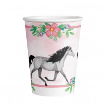 8 GOBELETS CARTON PONEY CHEVAUX FLEURS 25CL