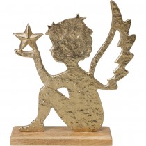 ANGE ALUMINIUM DÉCO SOCLE BOIS MANGUIER 15.5CM OR