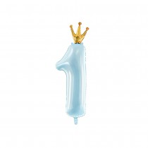 BALLON ALU CHIFFRE 1 COURONNE 30X90CM BLEU CIEL